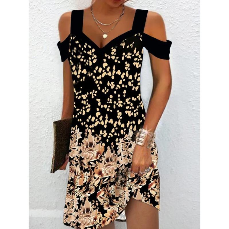 

Женская мода Лето-Весна с принтом с коротким рукавом и V-образным вырезом с завышенной талией Повседневные платья XXXL