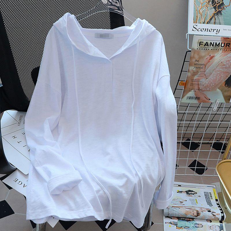 

White Long Sleeve T-shirt Women s Slub Cotton Spring and Autumn Clothing 2025 New Arrival Loose BF Idle Style Mid Length Long Length Hooded Tops White S