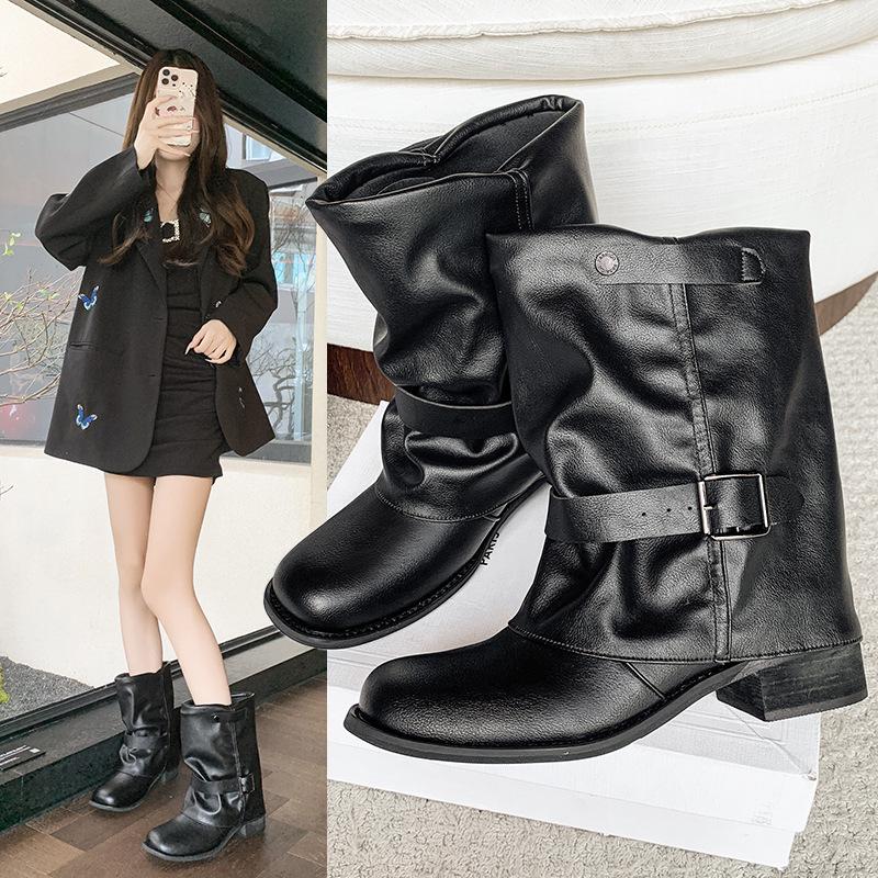 American retro thick heel short boots women's 2025 new pleated design stacking boots black British Martin boots