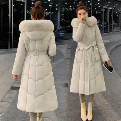 Women's Long Over-knee Solid-color Cotton-padded Clothes, New Autumn and Winter Korean Version Waist Fashion Big Fur Collar Down Cotton Clothes