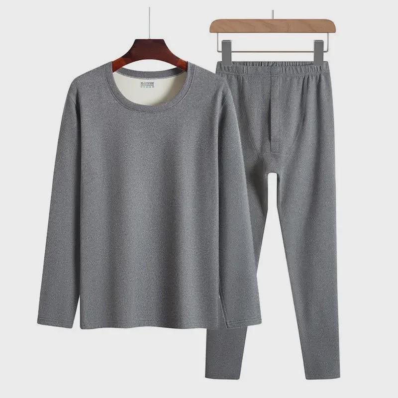 Men's Two-Color German Velvet Warm Suit: No-Pill V-Neck/Round Neck Top & Bottom Set for Autumn/Winter.