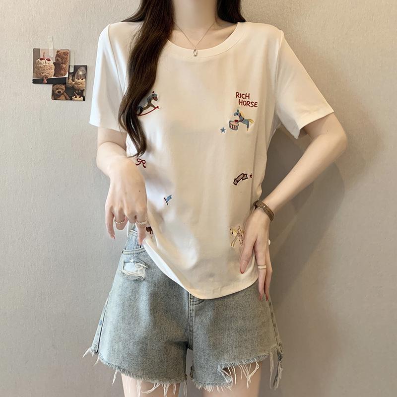 2026 Summer Plus Size Women's Sweet Cartoon Embroidery Round Neck T-Shirt