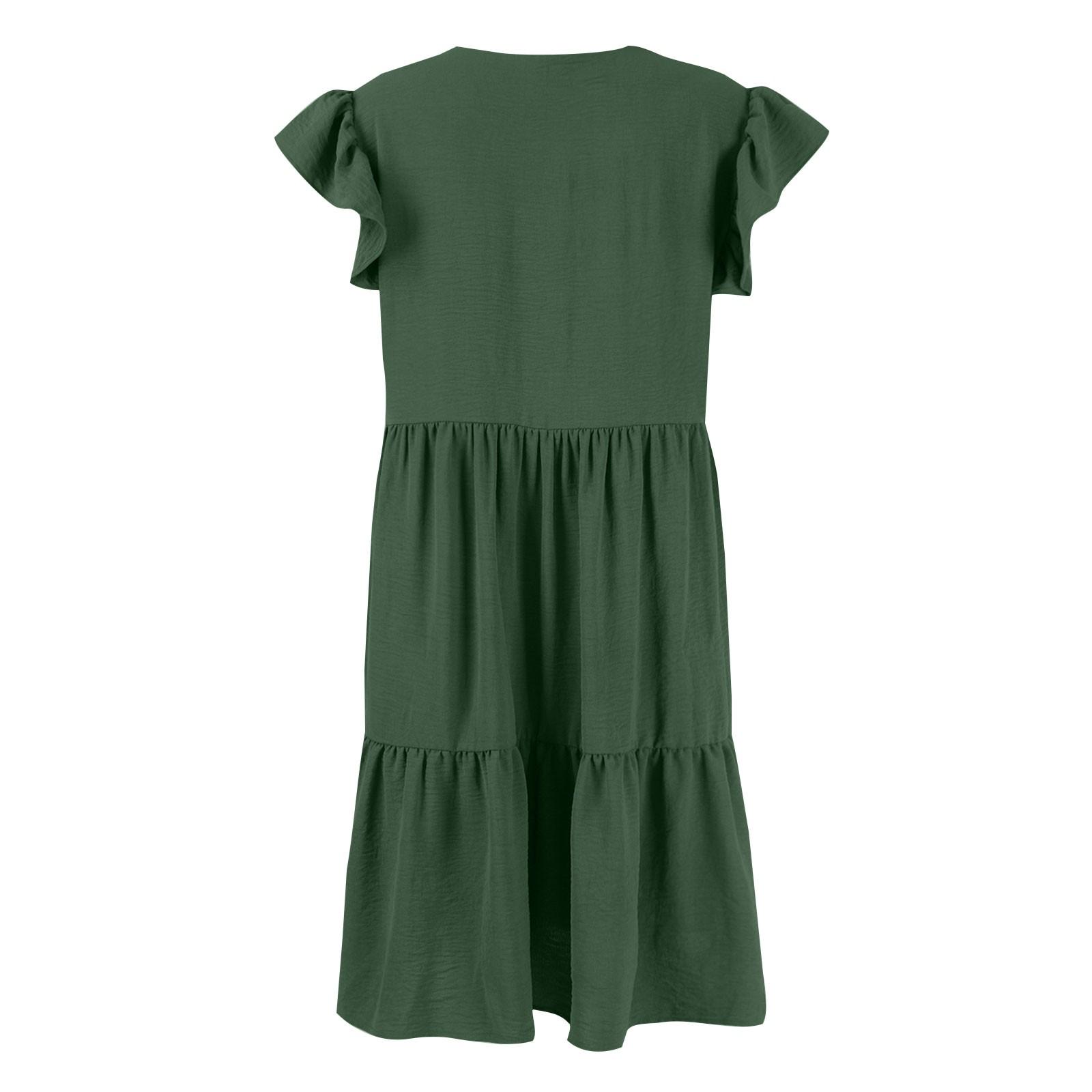 Женские летние повседневные однотонные платья с короткими рукавами и V-образным вырезом — фото 8