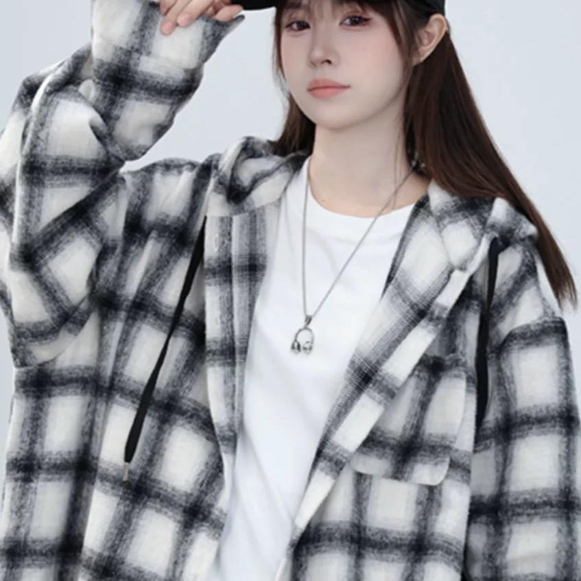 

Унисекс Клетчатая Толстовка с Капюшоном - Повседневная, Стильная, Куртка на Весну/Осень Small черный белый