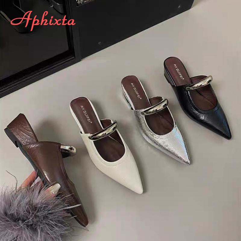Fashion Aphixta Concise Metal Dec Fashion Summer Shoes Woman Low Heel Women Silver Pointed Toe Slides Sandals Heels Zapatos De Mujer