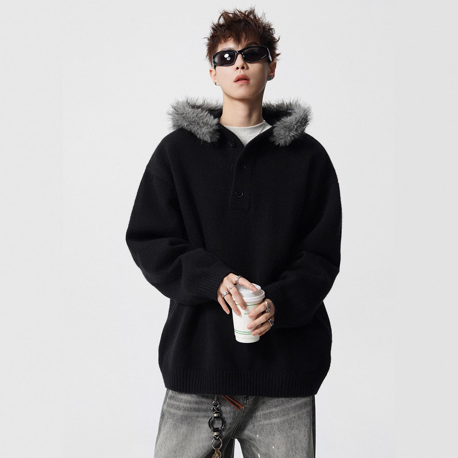 

Zuo Shan Diao Men s Hooded Knit Sweater with Fur Collar - Trendy, Loose, High-End Autumn/Winter Coat Double Extra Large чорний
