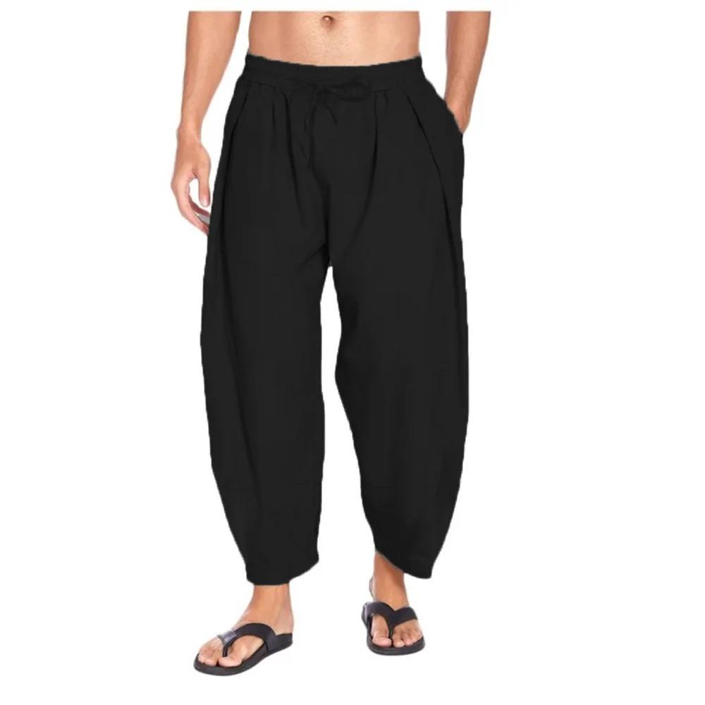 Cotton and Linen Harem Pants Men Streetwear loose Joggers Men Trousers Casual Solid Color Lightweight and Breathable Pants