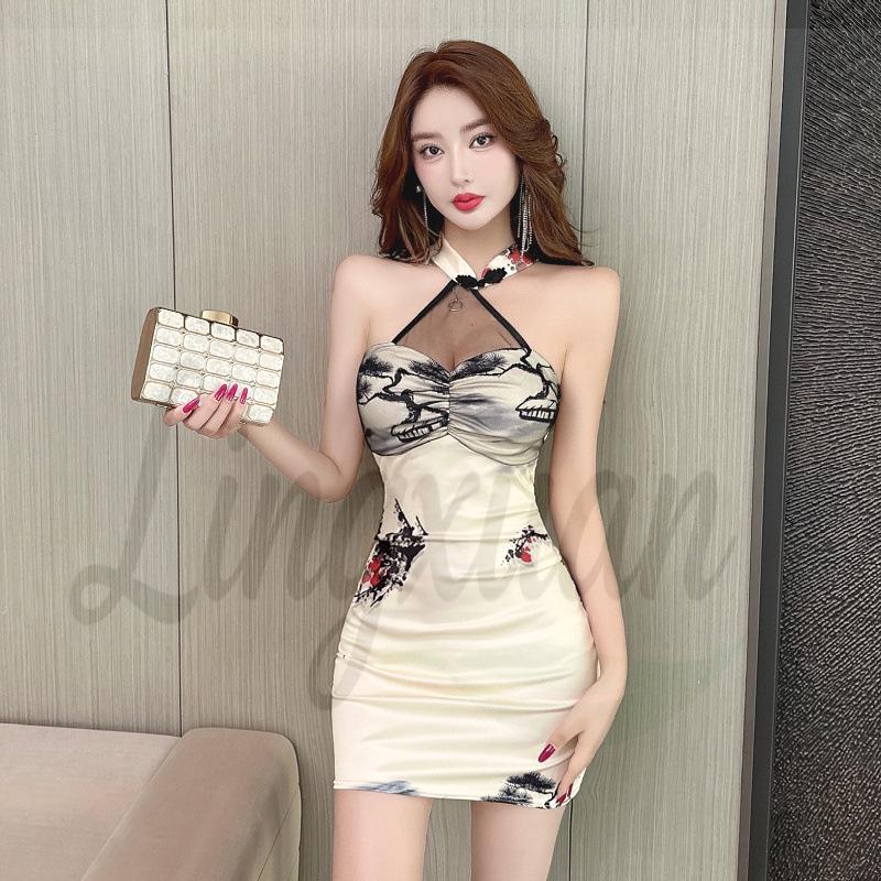 Chinese Style Sexy Mesh Halter Cheongsam Bodycon Dress