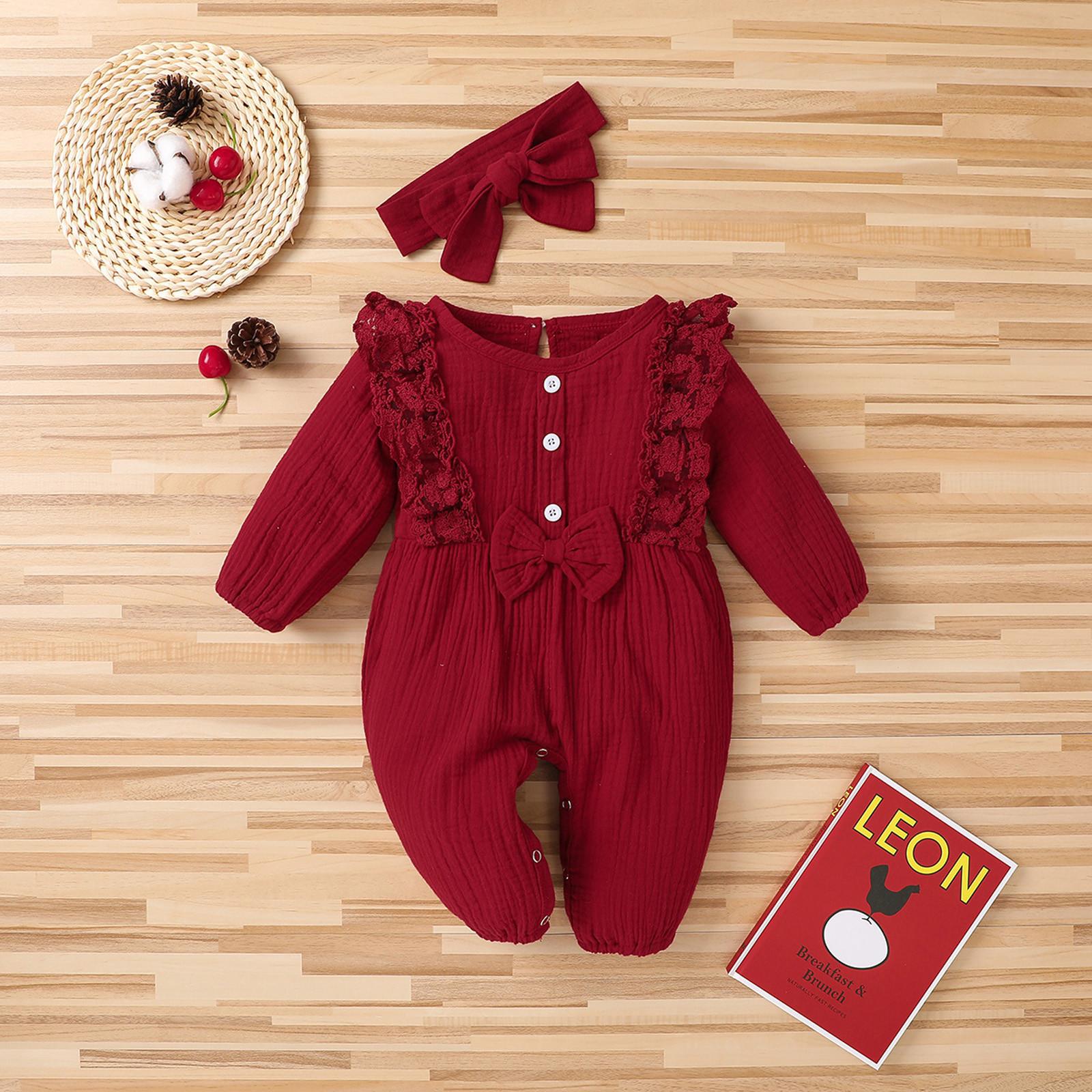 

Хлопковый льняной комбинезон для новорожденных девочек, комбинезон с кружевным бантом, одежда 70 красный