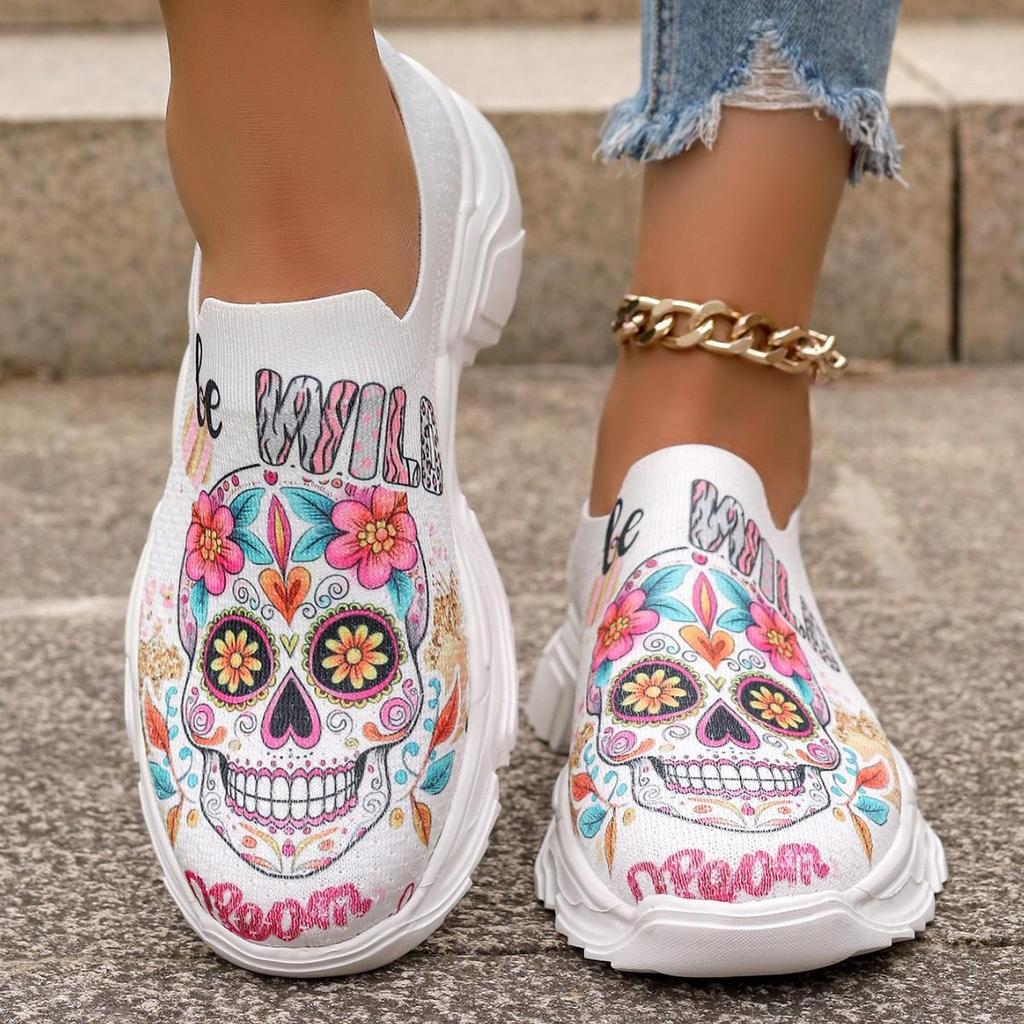 Lucyever Colour Printed Women Sport Sneaker Autumn Breathable Mesh Platform Sneakers Woman Plus Size Slip On Running Shoes 43