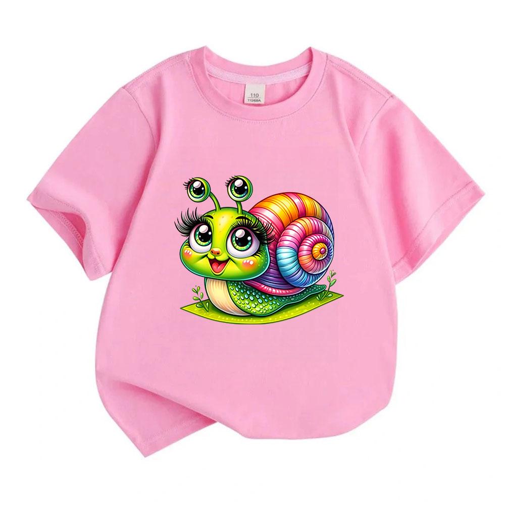 Kids Boys Girls 100% Cotton Crew Neck Short Sleeve T-Shirt, Cute Cartoon Rainbow Snail Print Casual Soft Breathable Summer Tee for Daily Wear