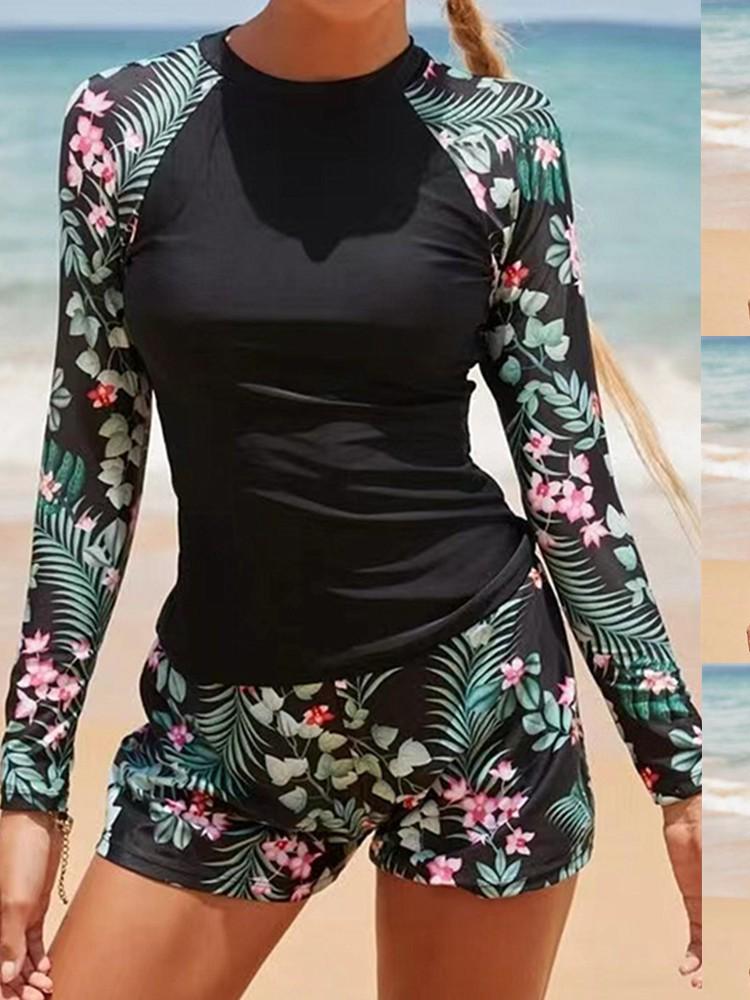 Long-Sleeve European & American Digital Print Conservative Women's Bikini Swimsuit