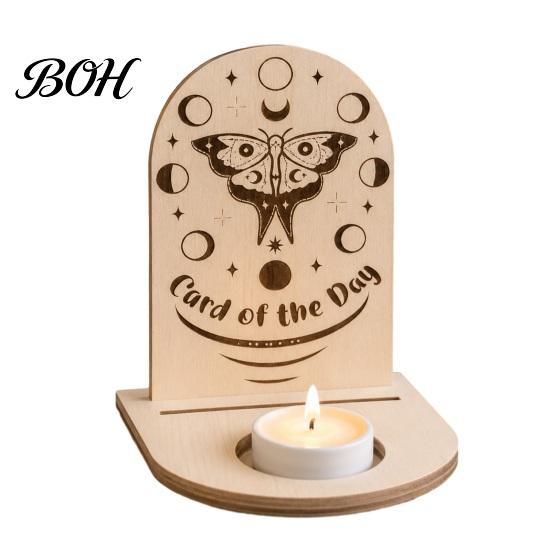 Gift for Housewarming Wooden Tarot Card Holder Stand, of The Day Candle Tealight Holder, Moon Small Wood Stand Candles Sun Star Pattern Altar Display