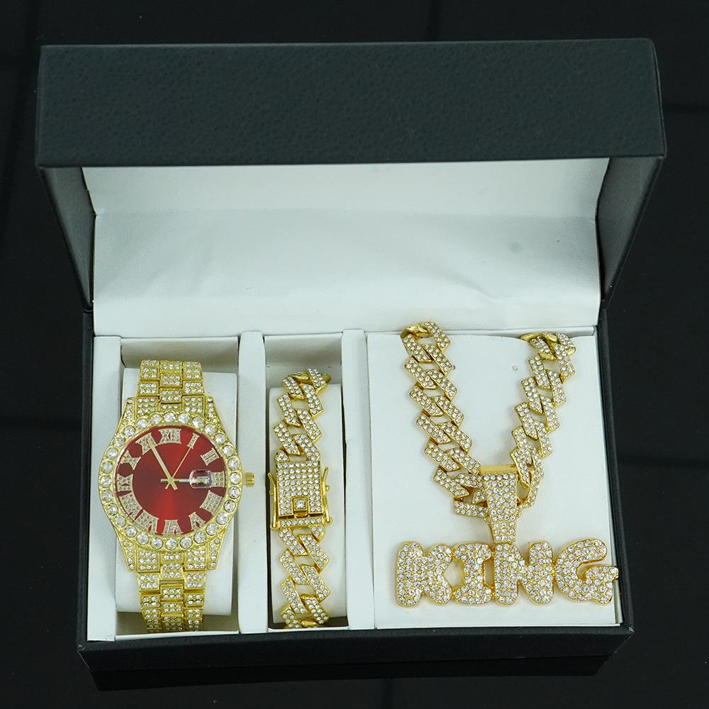 Hiphop Hot Selling Diamond KING Letter Pendant Hiphop Miami Hip Hop Necklace Bracelet Watch Set Premium