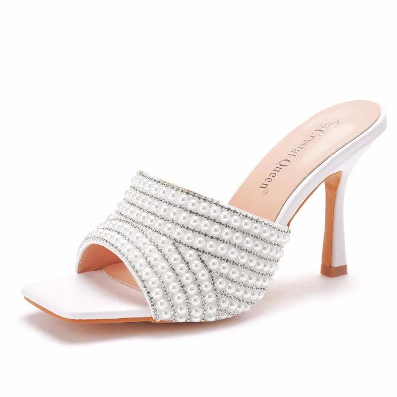 Fashion Summer Pearl Water Diamond 9cm Square Head High Heel Slippers Fashion Fish Mouth Wine Glasses Temperament Beaded Shallow Sandals