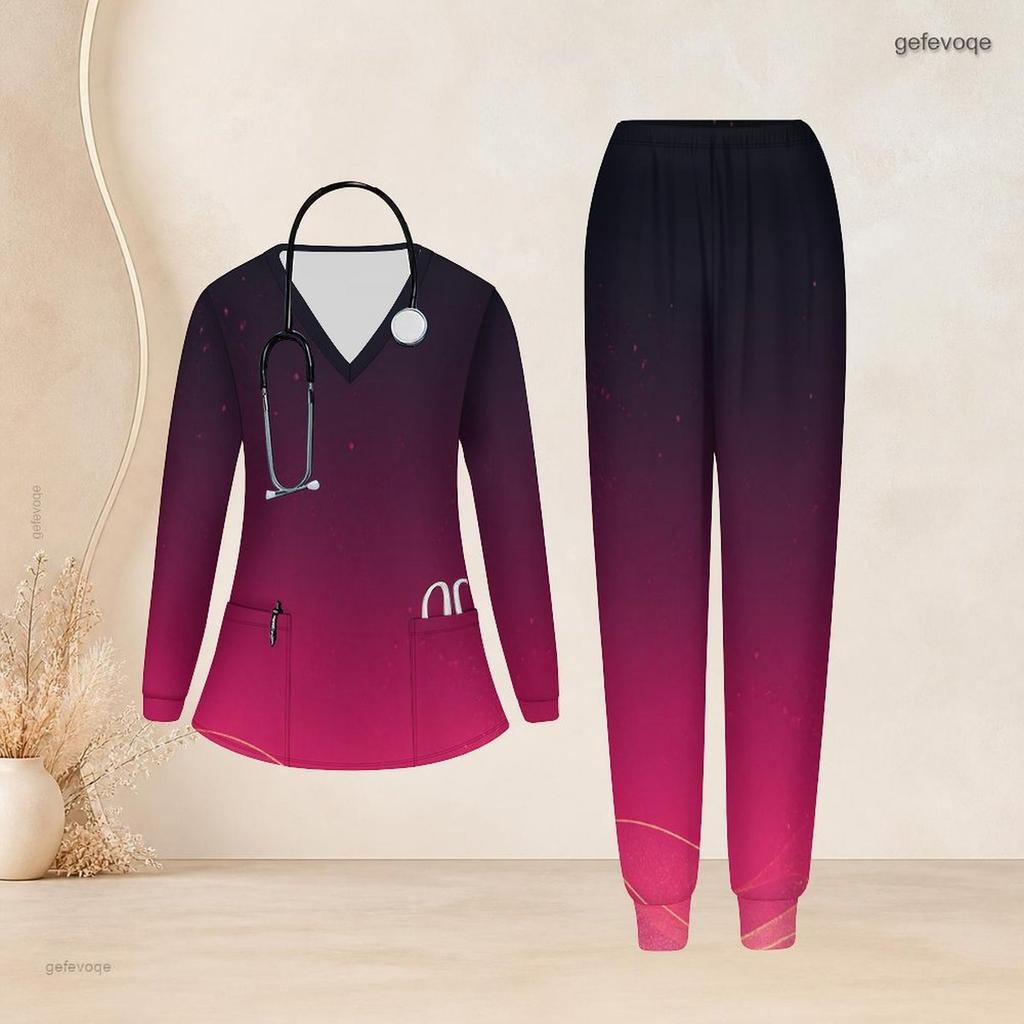 Women Plus Size Black Gold Printed V Neck Long Sleeve Nurse Scrub Two Piece Set With Pockets
