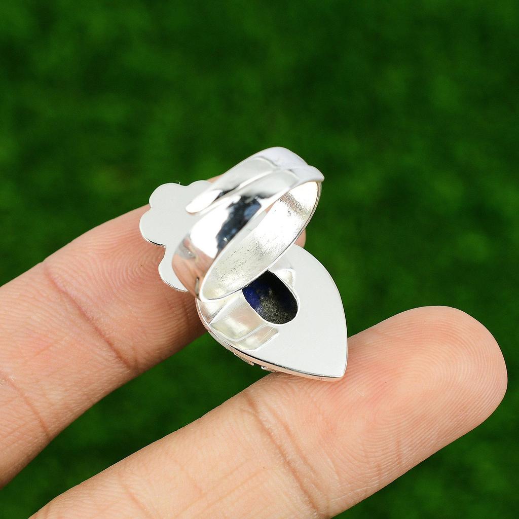 Gift For Women Promise Flower Adjustable Ring 925 Silver Natural Lapis Lazuli