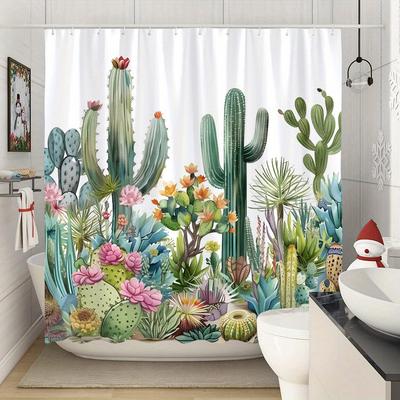 Rideau de Douche Jardin Désertique - Succulentes, Cactus, Fleurs Roses, Polyester, 12 Crochets, Design Inspiré par la Nature