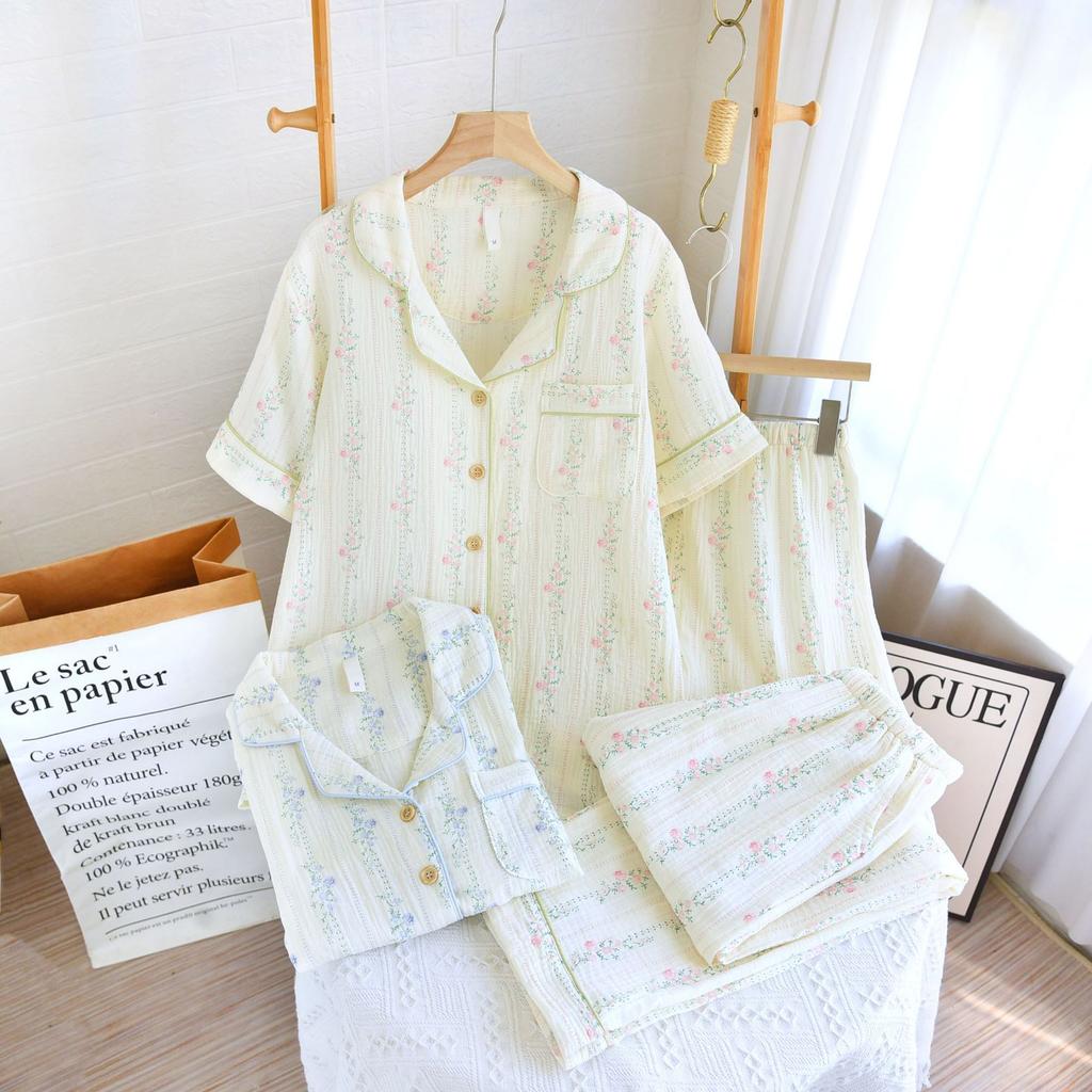 Pajamas Summer Pure Cotton Gauze Short-sleeved Trousers Women's Three-piece Loose Women's Floral Cotton Loungewear