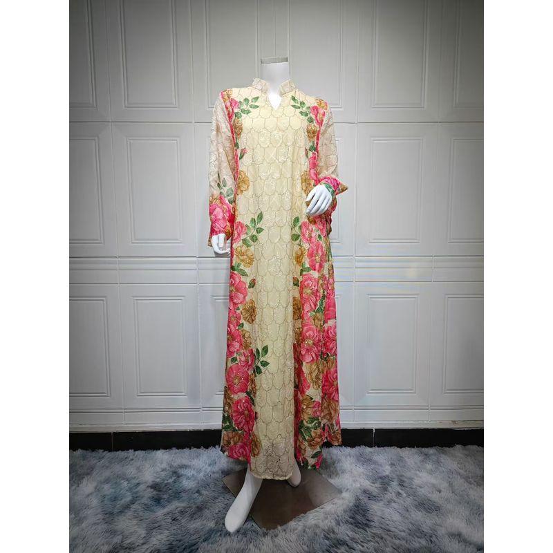 

New Middle East Fashion Print Embroidered Robe Dress Printed Embroidered Robe Dress Pink XL