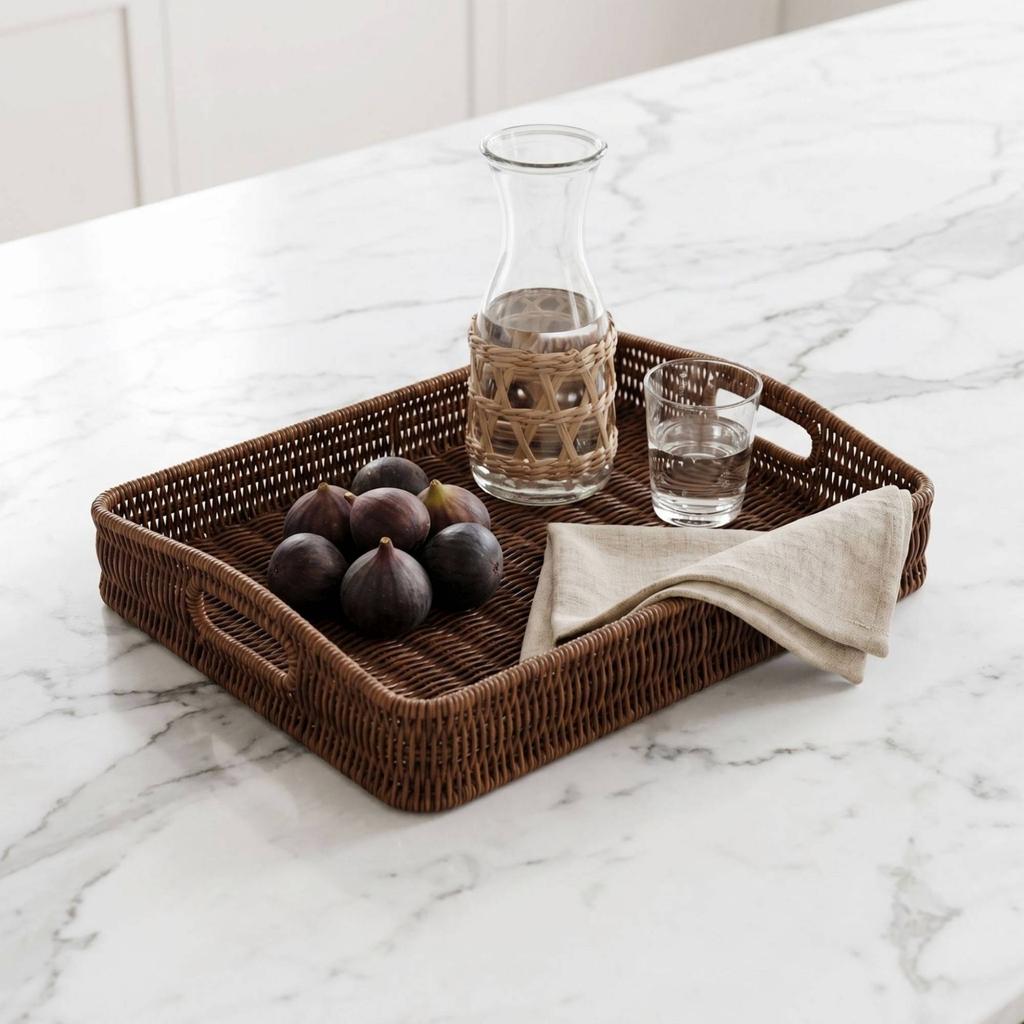 Wicker Basket Tray Rectangular Rattan Tray Basket Flat Base Low Sided for Tabletop