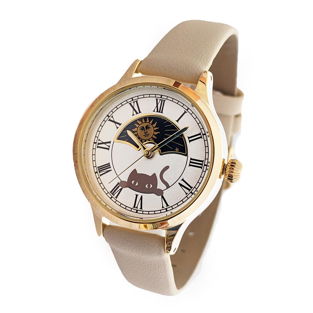 

Часы женские «Солнце и Луна» с кошкой, смотрящей вверх (слоновая кость)
