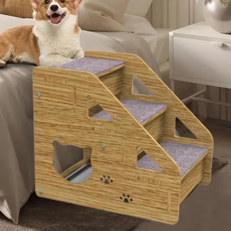 Scări și trepte pentru câini, scări și rampă din lemn cu 3 niveluri pentru animale de companie, pentru câini medii/mici, pisici bătrâne, scară pentru câini/pisici, antiderapantă, pentru paturi și mașini