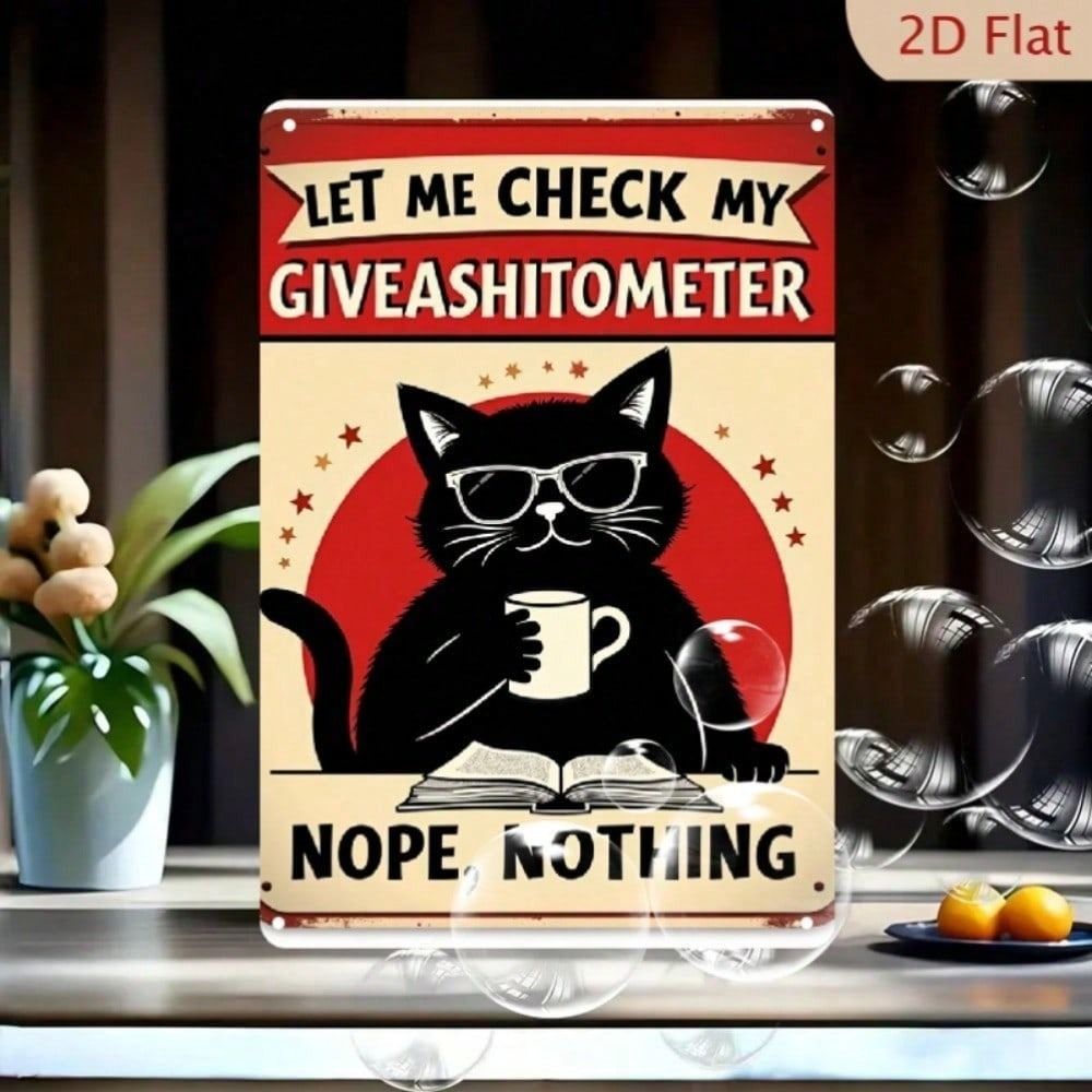 

Vintage Black Cat Coffee Poster, Sarcastic Check My Giveashitometer Quote, Metal Wall Art for Home