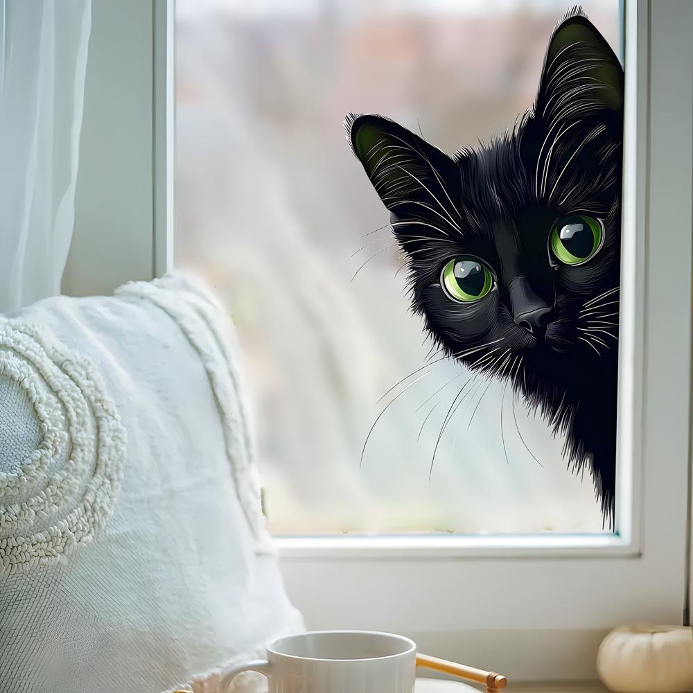 Cartoon Schwarze Katze Statisch Haftend Fensteraufkleber Abnehmbar Selbstklebend für Balkon Schlafzimmer Glas Heimdeko Kunst