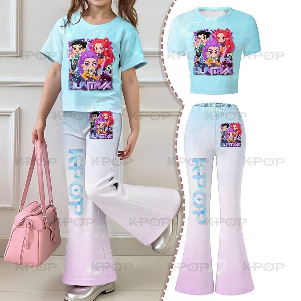 Dziecięcy casualowy sportowy zestaw z krótkim rękawem i rozszerzanymi nogawkami, modny dziewczęcy strój sportowy z wzorem Kpop Hunter