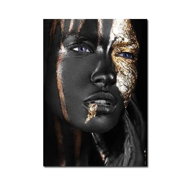 African Women Canvas Painting Black Gold Woman Poster and Prints Scandinavian Wall Art Picture for Home Decor Living Room Mural