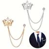 Elegant Gold Crown Brooch with Rhinestones and Chain - Premium Suit Pins for Men's Weddings, Parties and Formal Settings