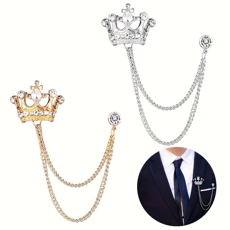 Elegant Gold Crown Brooch with Rhinestones and Chain - Premium Suit Pins for Men's Weddings, Parties and Formal Settings