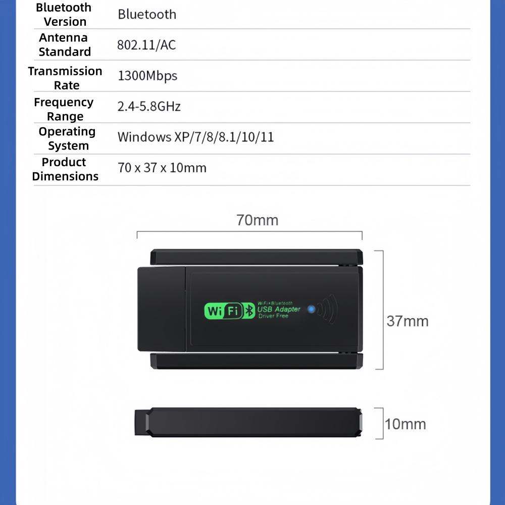 

1300Mbps USB Adapter WiFi 6 Bluetooth 5.3 Network Card Dual Band 2.4G/5GHz Driver Free Wireless Receiver for Desktop Laptop PC чорний