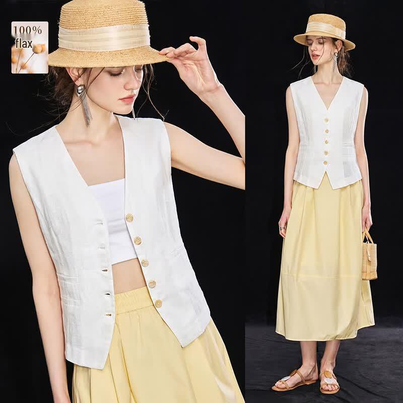 Wudao Women s 100% Linen Old Money Style Sleeveless Vest XL