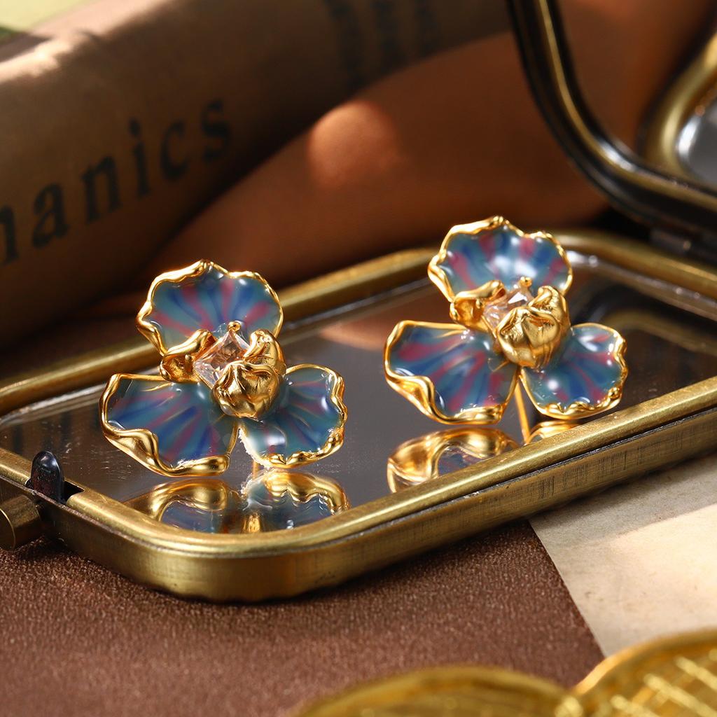 Monet Garden Oil Painting French Medieval Vintage Earrings Enamel Oil Drop Earrings Flower Natural Pearl Stud Earrings