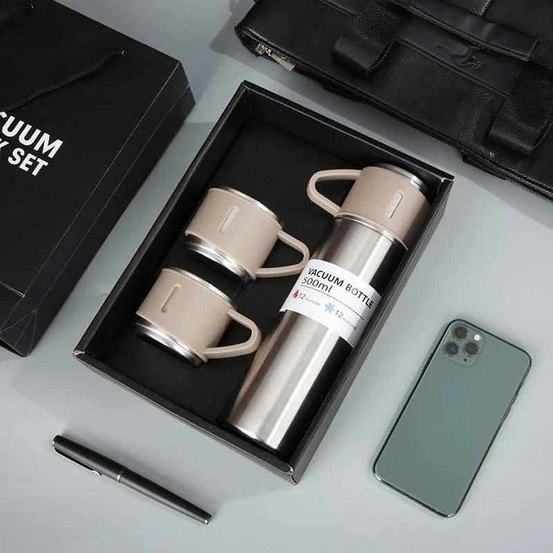 500ML 3-Tassen-Deckel Outdoor Heißwasser Thermoisolierung Neue Edelstahl-Vakuumflasche Geschenkset Thermoskanne Business-Stil