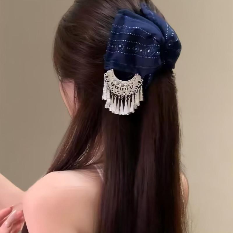 1Pcs Navy Blue Soft Fabric Ethnic Hair Claw Clip Silver Tassel Secure Grip For Daily Wear Ethnic Outfit Matching