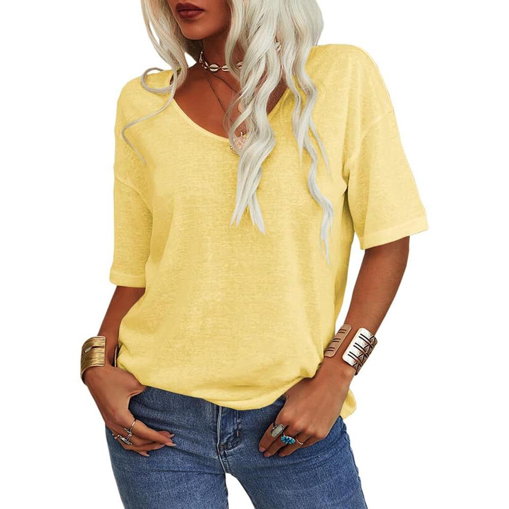 T-shirt da donna a V, manica corta, vestibilità larga, tinta unita, basic, casual, misto cotone