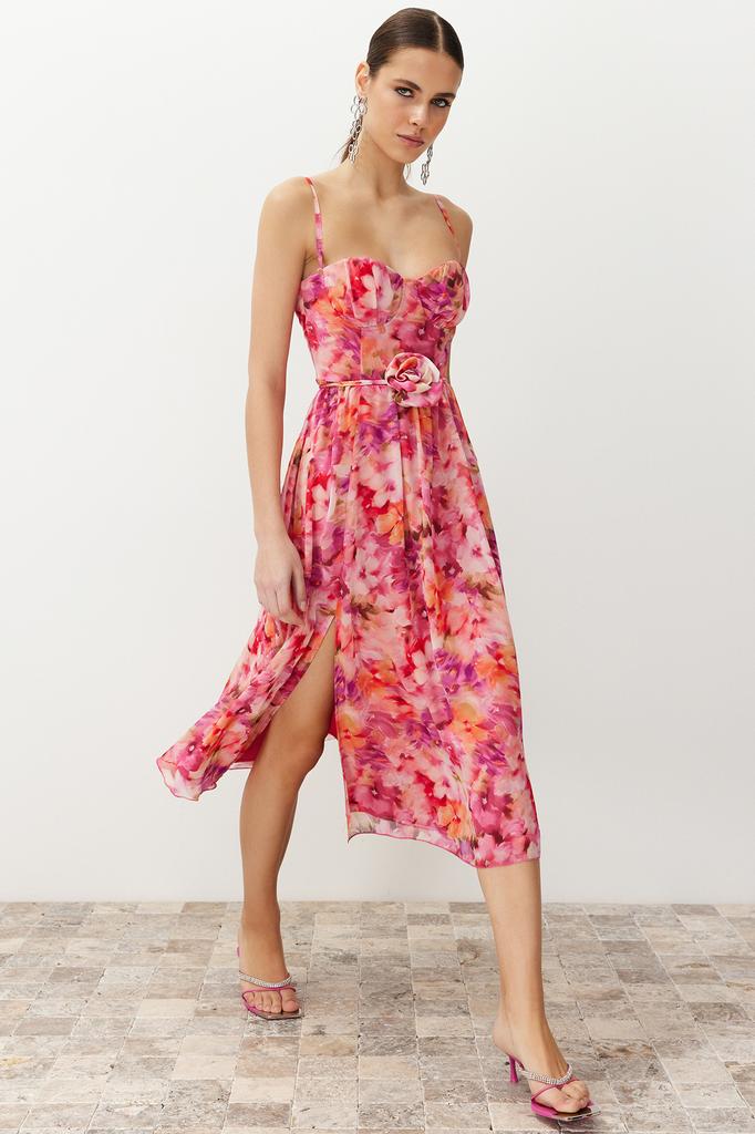 Women's Style Dress Multicolored A-Line Dress with Rose Detail