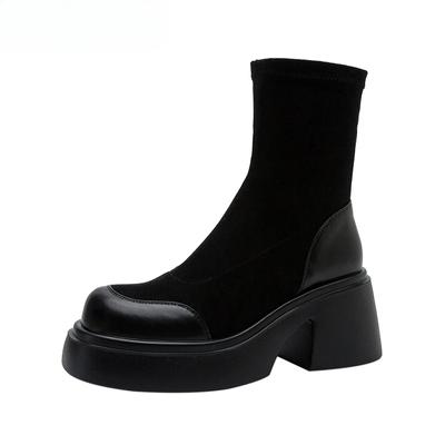 Platform Women's Sock Boots Fashion Slip On Short Botas Ladies Elegant Square High Heel Shoes Winter Women's Footwear
