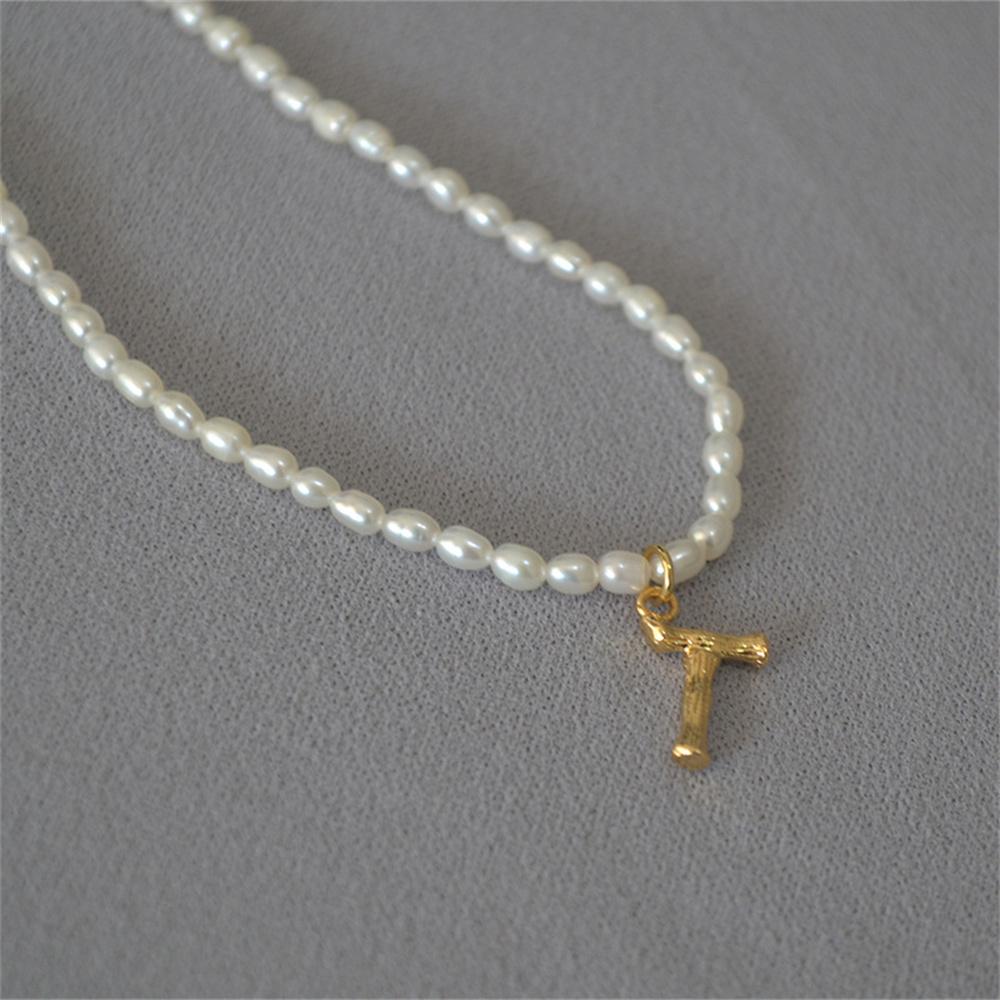 French Vintage Oval Artificial Pearl Chain Necklace For Women Fashion Boho Gold-plate Metal Tree Texture Letter Pendant Jewelry