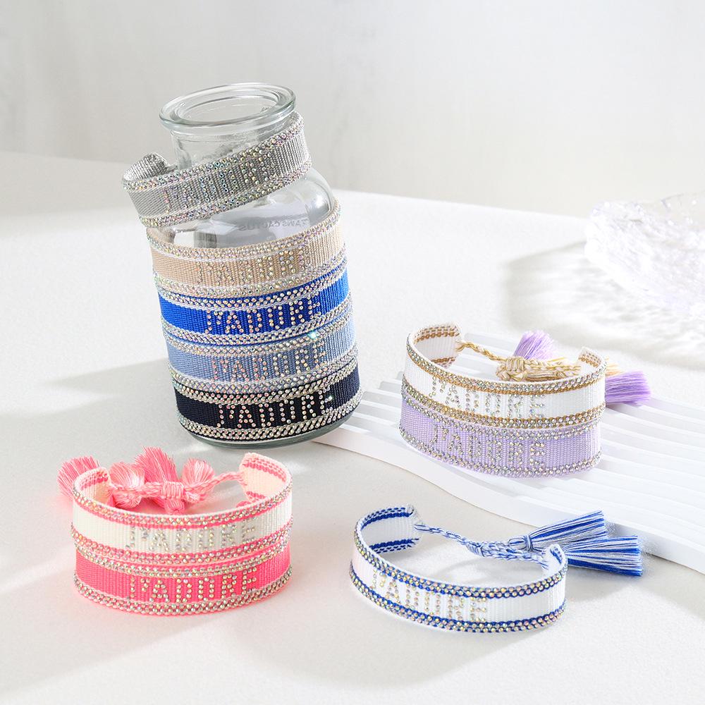 Seven-Color Full Diamond Woven Bracelet with 'JADORE' Letter, Handmade Tassel Chain, Crystal Design for Women