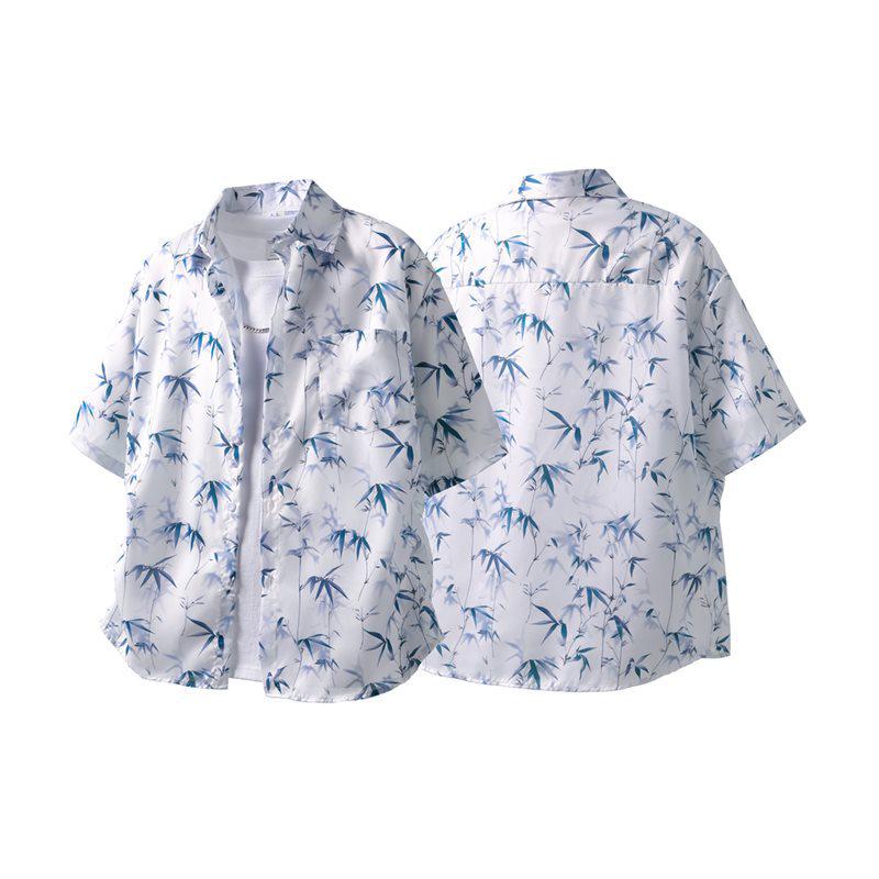Chinese Ink Wash Bamboo Leaf Print Short Sleeve Casual Shirt