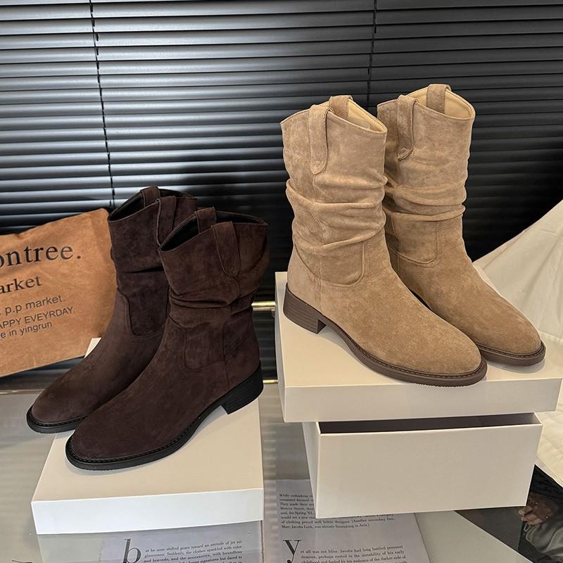 Fashion New Style Women's Natural Suede Leather Small Square Toe Slip-on Autumn Pleated Knee High Boots Casual Female Punk Western Boots