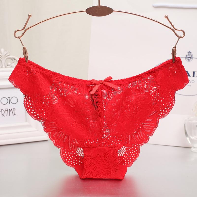 Ladies' Sexy Seamless Briefs Hollow Lace Low Waist Triangle Panties Ruffled Edges Bow Underwear