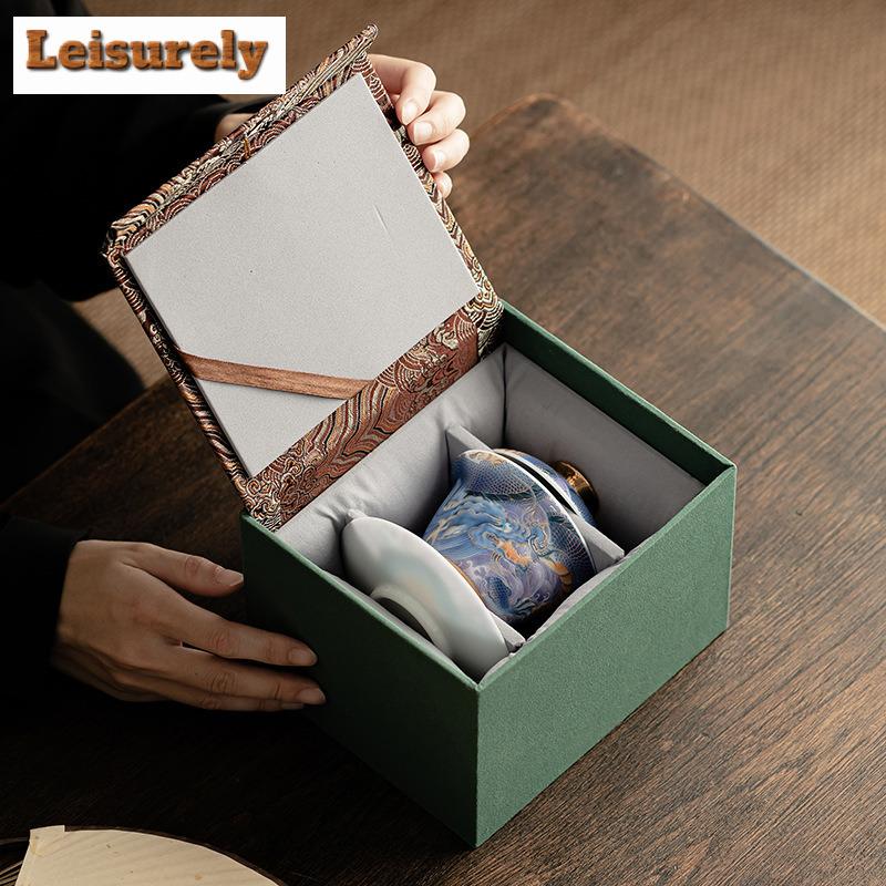 130ML Sheep Fat Jade Porcelain Gaiwan Enamel Colored Blue And White Dragon Palace Tea Tureen Tea Brewing Cover Bowl Tableware