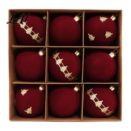 Christmas Party Background Decor 9Pcs Flocked Ball Ornaments Burgundy Velvet Balls with Gold Retro Supplies Embroidery Hanging Tree for Holiday Home