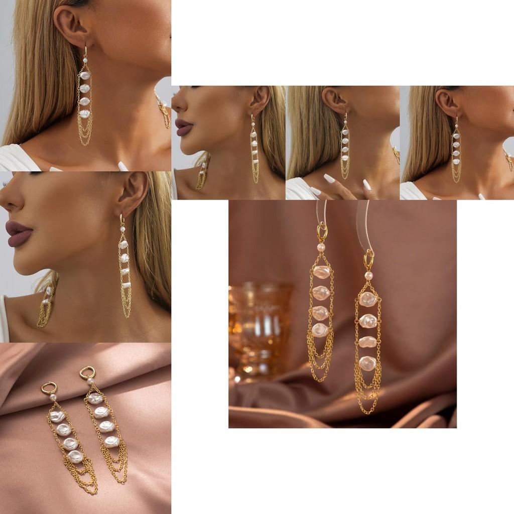 Sophisticated Faux Pearl Drop Earrings For Women Irregular Design With Chain Tassels