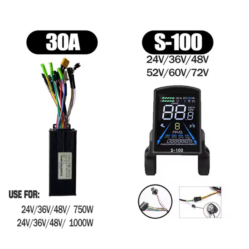 S100 Electric Bike Display Meter 30A 36V/48V/52V Sine Wave Controller Kit for Scooter E-Bike Modification Accessories Rubber 30A controller+S100 display